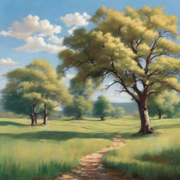 Generate a serene landscape featuring rolling hills, gentle babbling brooks and tall, towering trees. Include a clear blue sky above, peppered with fluffy, white clouds, and dappled sunlight filtering through the leaves of trees.