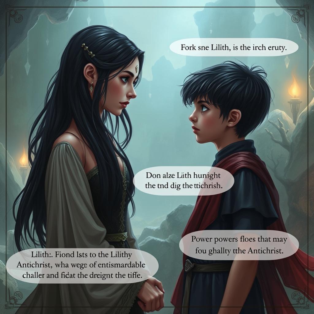 A visually engaging scene capturing a dialogue between Lilith and the young boy representing the Antichrist in a mystical setting