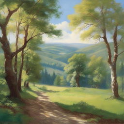 Generate a serene landscape featuring rolling hills, gentle babbling brooks and tall, towering trees. Include a clear blue sky above, peppered with fluffy, white clouds, and dappled sunlight filtering through the leaves of trees.