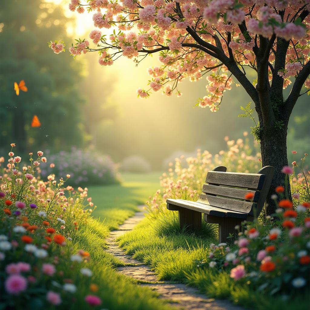 A serene and tranquil morning garden bathed in soft, golden sunlight