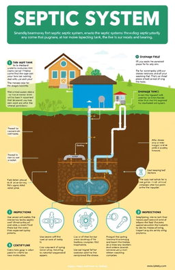 A comprehensive, illustrated guide on septic systems for homeowners, showing various components of a typical septic system such as the septic tank, drainage field, and inspection ports