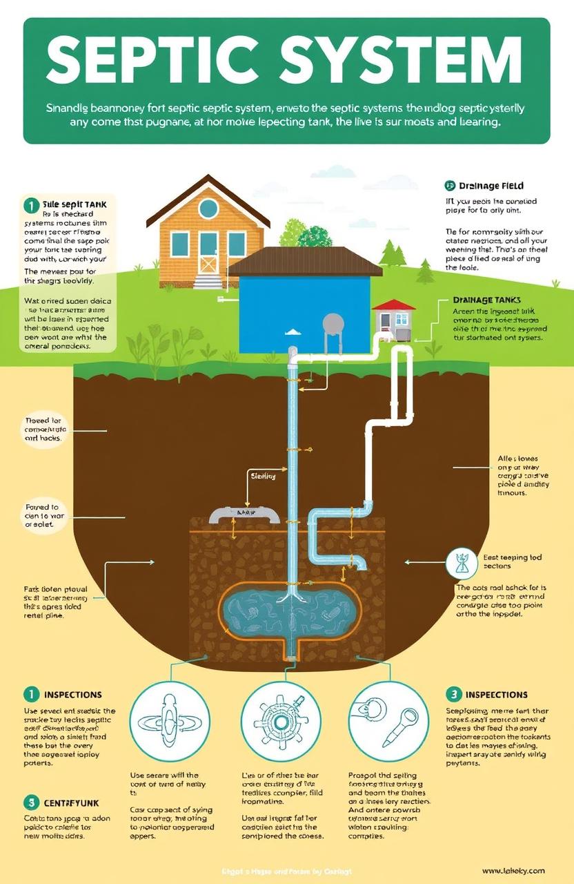 A comprehensive, illustrated guide on septic systems for homeowners, showing various components of a typical septic system such as the septic tank, drainage field, and inspection ports