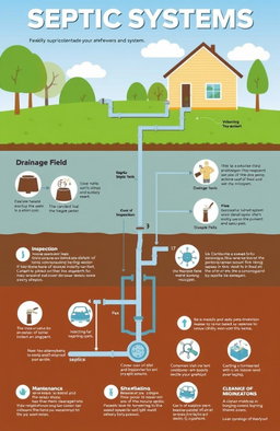 A comprehensive, illustrated guide on septic systems for homeowners, showing various components of a typical septic system such as the septic tank, drainage field, and inspection ports