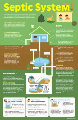 A comprehensive, illustrated guide on septic systems for homeowners, showing various components of a typical septic system such as the septic tank, drainage field, and inspection ports