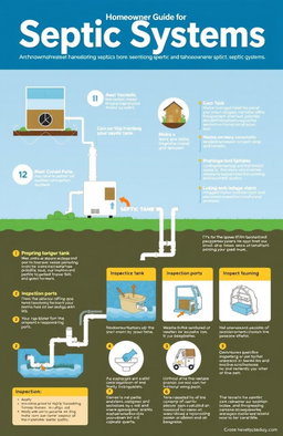 A comprehensive, illustrated guide on septic systems for homeowners, showing various components of a typical septic system such as the septic tank, drainage field, and inspection ports