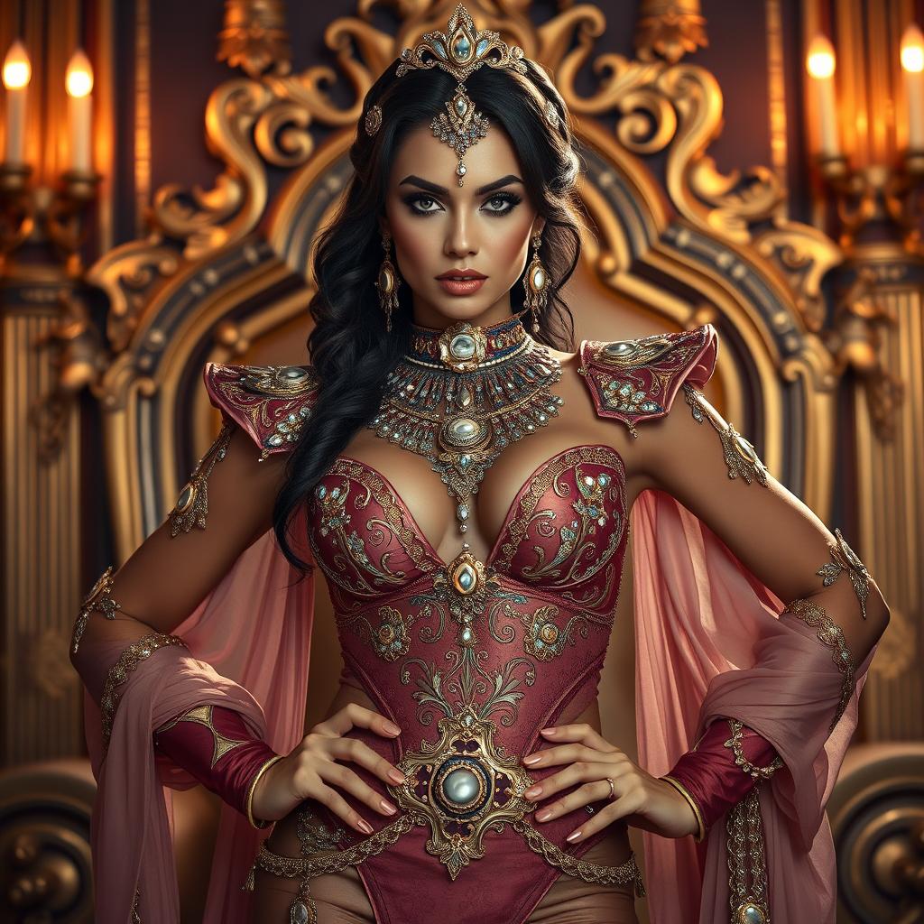 A powerful and alluring findom goddess, dressed in a stunning, extravagant outfit adorned with jewels and rich fabrics