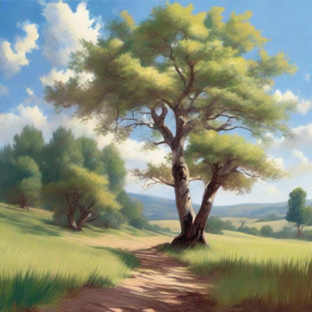 Generate a serene landscape featuring rolling hills, gentle babbling brooks and tall, towering trees. Include a clear blue sky above, peppered with fluffy, white clouds, and dappled sunlight filtering through the leaves of trees.