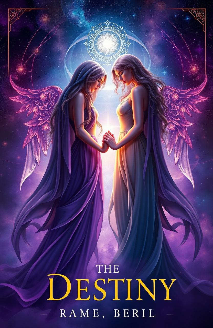 A mystical book cover design featuring ethereal figures entwined together, their hands clasped and glowing with a magical aura