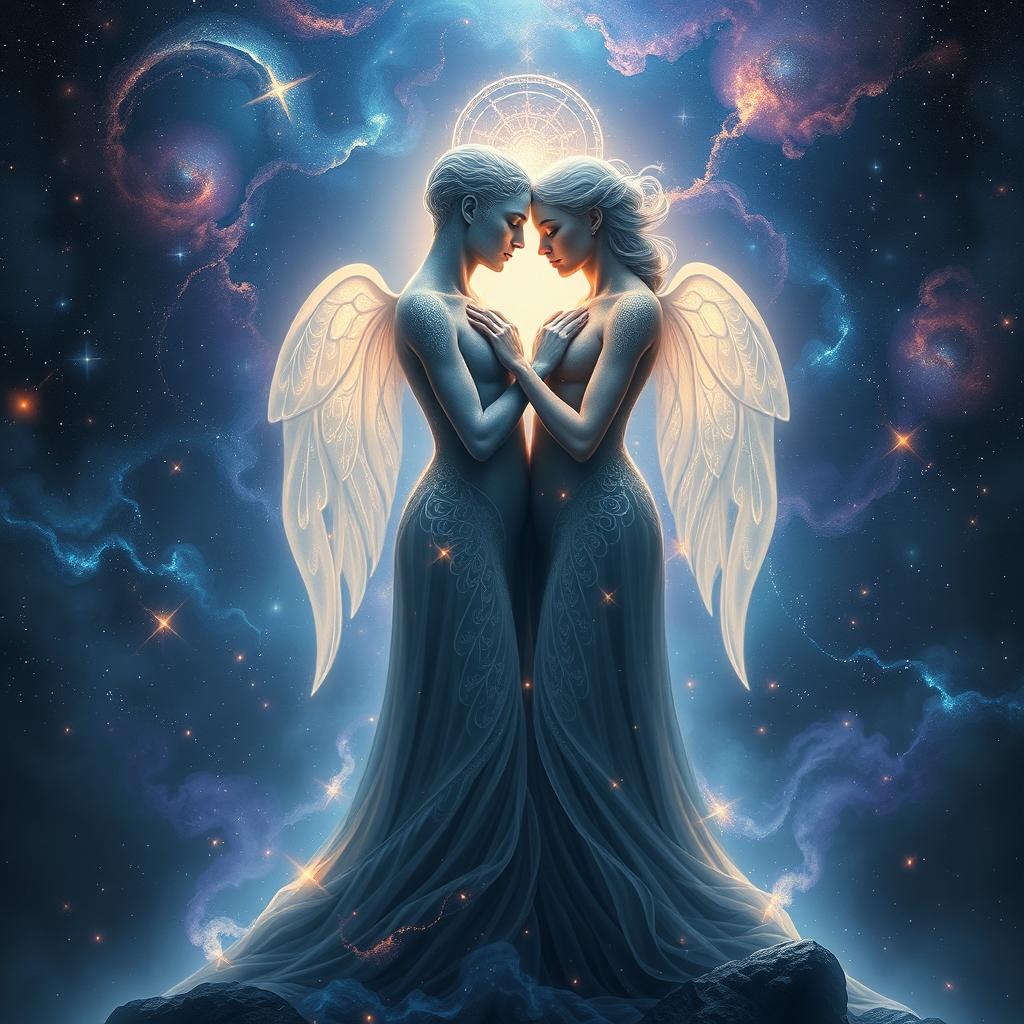 An enchanting book cover design showcasing two ethereal souls intertwined, surrounded by a mesmerizing cosmic landscape