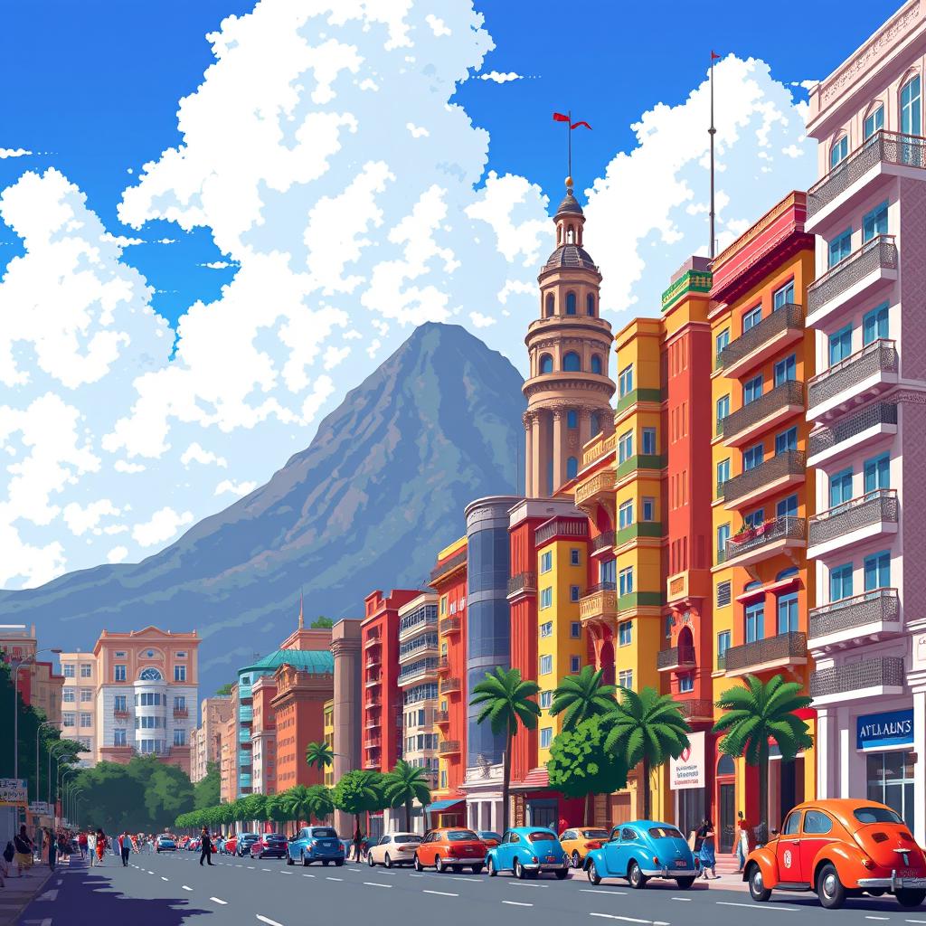 A vibrant pixel art scene depicting iconic buildings of Caracas, Venezuela, featuring the Avila Mountain in the background