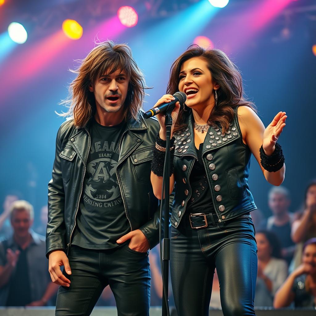 A dynamic scene featuring two soloists singing a rock duet