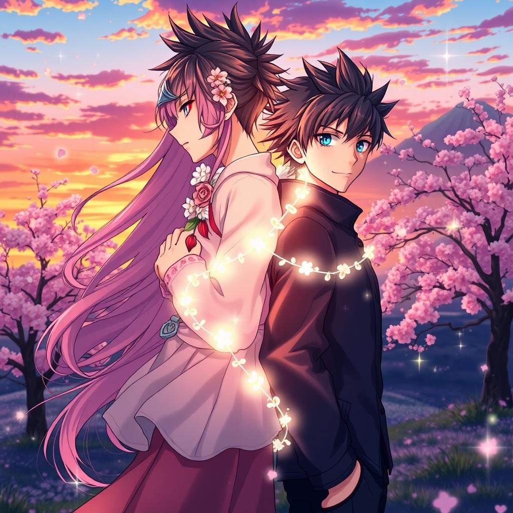 A breathtaking anime-styled book cover depicting the most perfect couple, their souls intricately bound by a shimmering chain of light that symbolizes their destiny