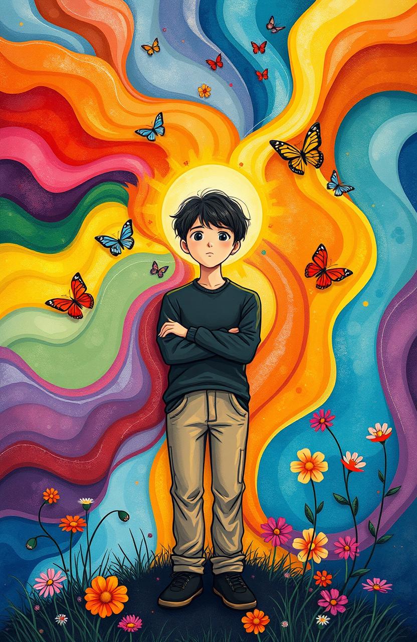 A thought-provoking illustration depicting a person embracing their emotions, surrounded by vibrant and expressive colors symbolizing joy, sadness, and passion