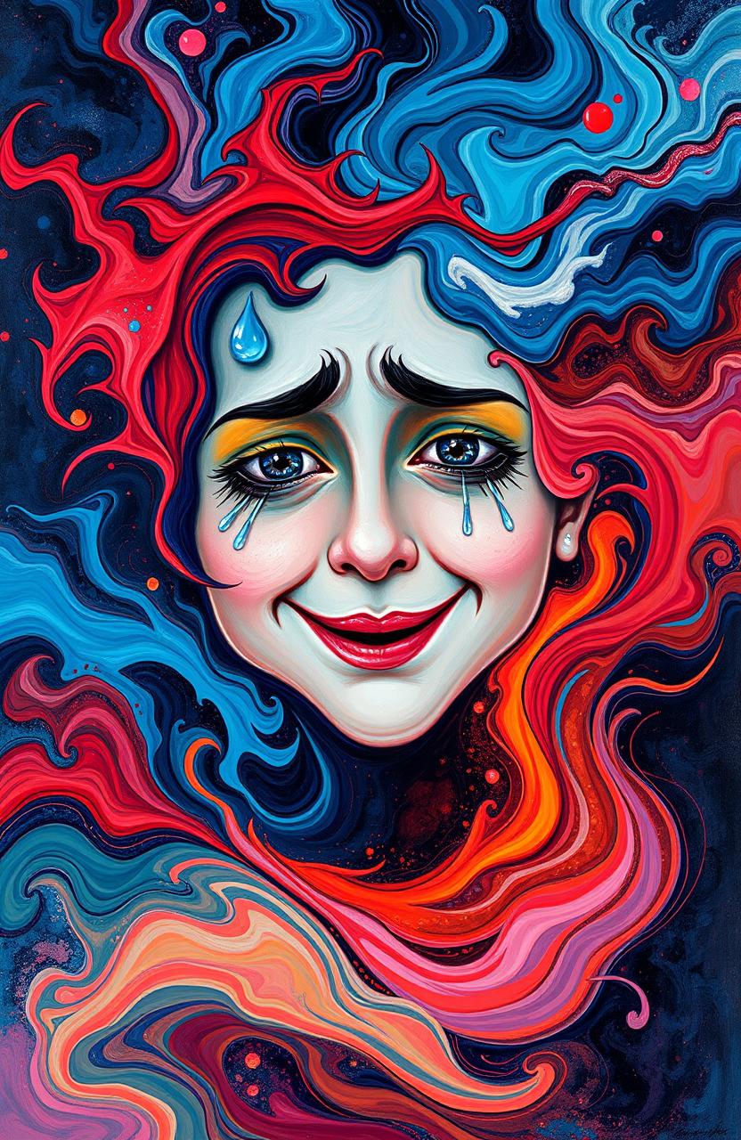 An abstract and vibrant representation of intense emotions, depicting swirling colors and shapes that symbolize joy, sadness, anger, and love