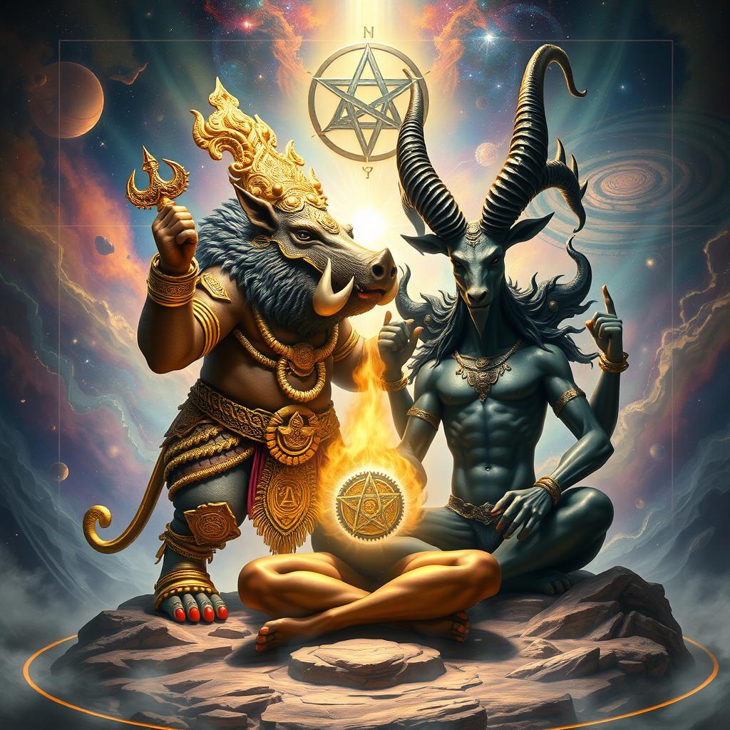 A majestic and detailed depiction of a powerful confrontation between Varaha, the boar avatar of Vishnu, and Baphomet, a mystical figure representing duality