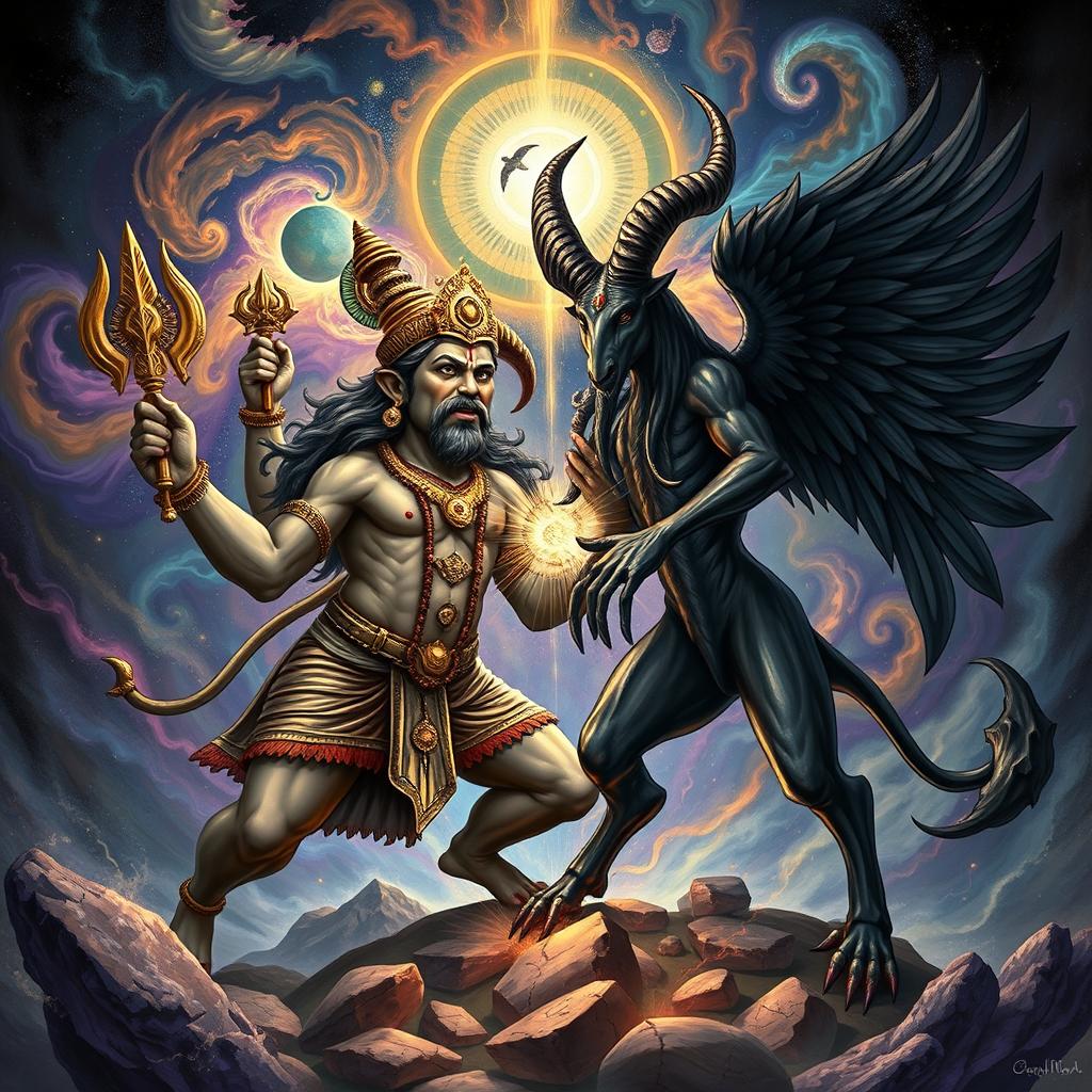 A captivating and detailed illustration of a fierce confrontation between Varaha, the boar avatar of Vishnu, and Baphomet, the black goat deity with wings