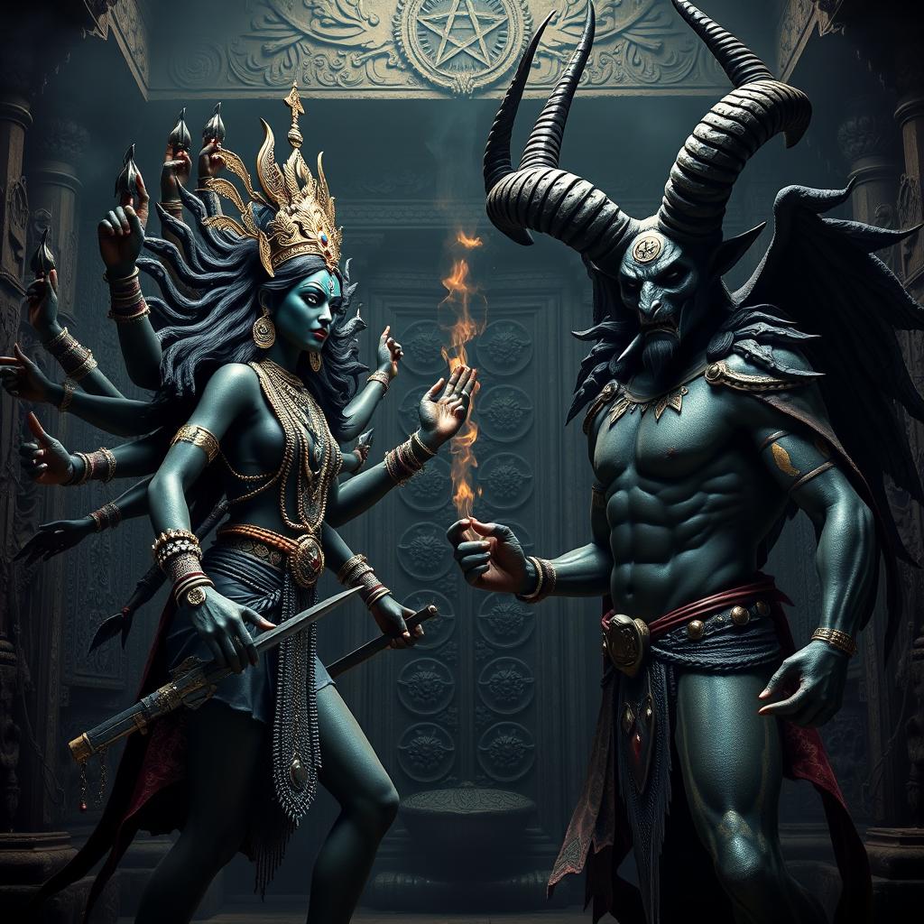 An intense face-off between Mahakali, portrayed as a fierce black goddess with multiple arms, intricate jewelry, and a fierce expression, and Baphomet, depicted as a powerful horned figure with a goat's head and a pentagram on his forehead