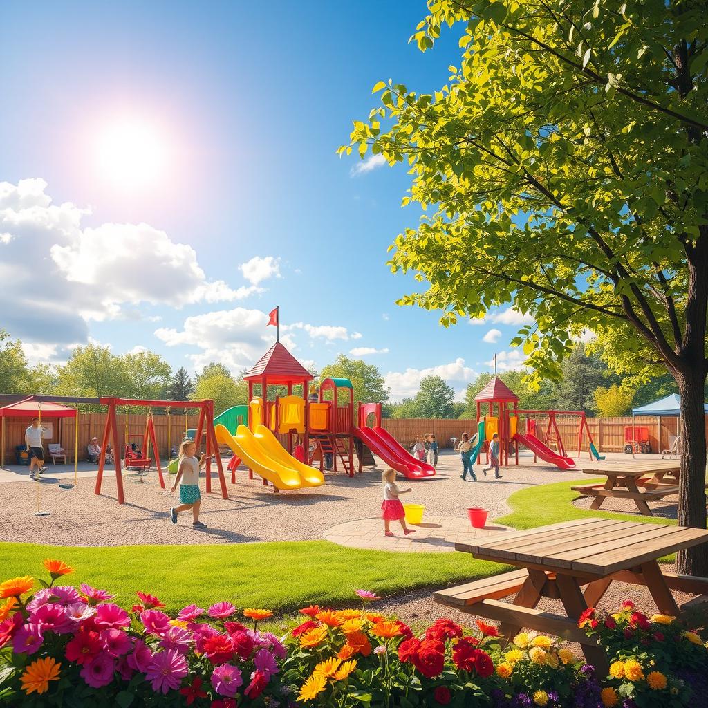 An enchanting scene in a vibrant playground, filled with colorful swings, slides, and climbing structures under a sunny blue sky