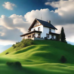 A charming house situated on a hill with clouds hovering nearby and a picturesque scenery