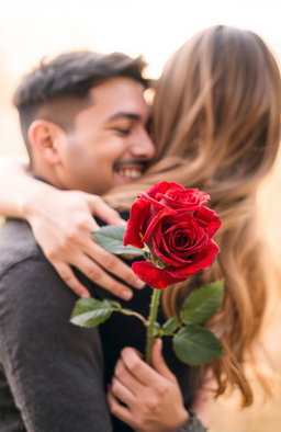 A romantic scene of a man hugging a woman from behind