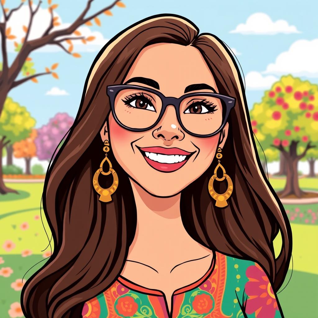 A vibrant cartoon illustration of a Hispanic lady with long brown hair and stylish glasses