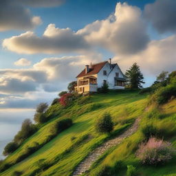 A charming house situated on a hill with clouds hovering nearby and a picturesque scenery