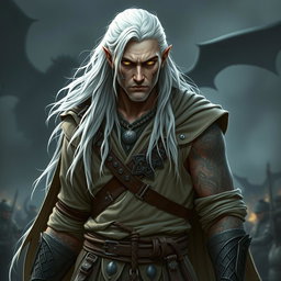 A serious adult Shadar-kai warlock standing in a battle stance