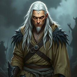 A serious adult Shadar-kai warlock standing in a battle stance