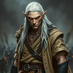 A serious adult Shadar-kai warlock standing in a battle stance