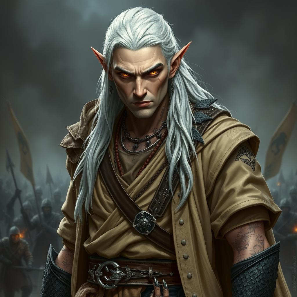 A serious adult Shadar-kai warlock standing in a battle stance