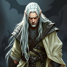 A serious adult Shadar-kai warlock standing in a battle stance