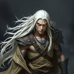 A serious adult Shadar-kai warlock in a battle stance, exuding confidence and power