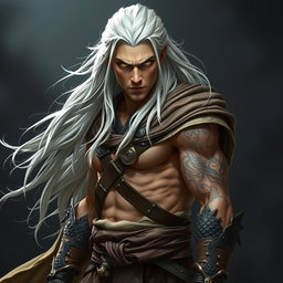 A serious adult Shadar-kai warlock in a battle stance, exuding confidence and power