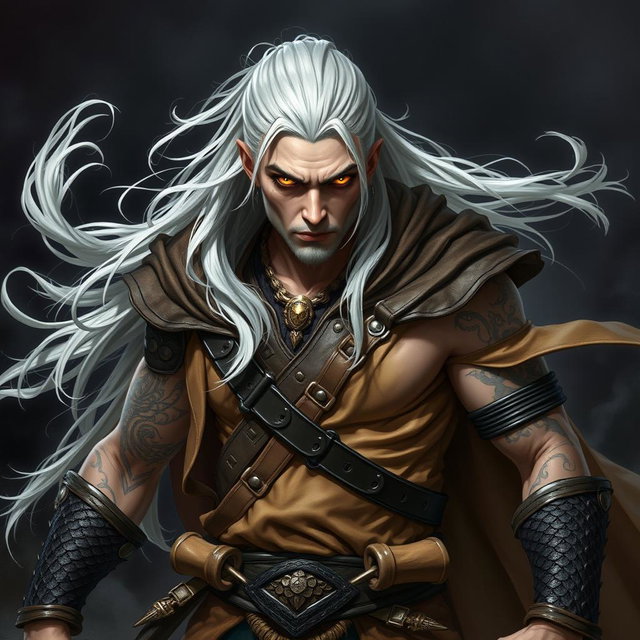 A serious adult Shadar-kai warlock in a battle stance, exuding confidence and power