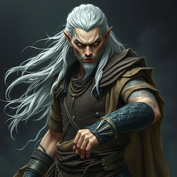 A serious adult Shadar-kai warlock in a battle stance, exuding confidence and power