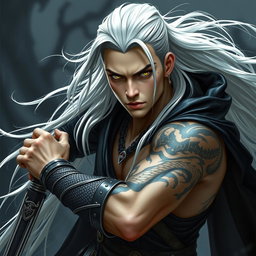 A serious young adult Shadar-kai warlock in a dynamic battle stance