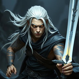 A serious young adult Shadar-kai warlock in a dynamic battle stance