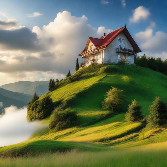 A charming house situated on a hill with clouds hovering nearby and a picturesque scenery