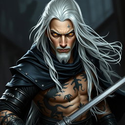 A serious young adult Shadar-kai warlock in a dynamic battle stance