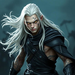 A serious young adult Shadar-kai warlock in a dynamic battle stance