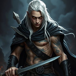 A young adult Shadar-kai warlock poised in a battle stance, emanating seriousness and focus