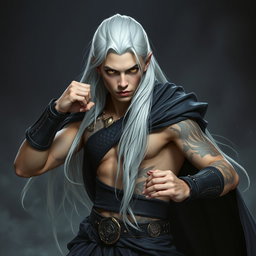 A young adult Shadar-kai warlock poised in a battle stance, emanating seriousness and focus