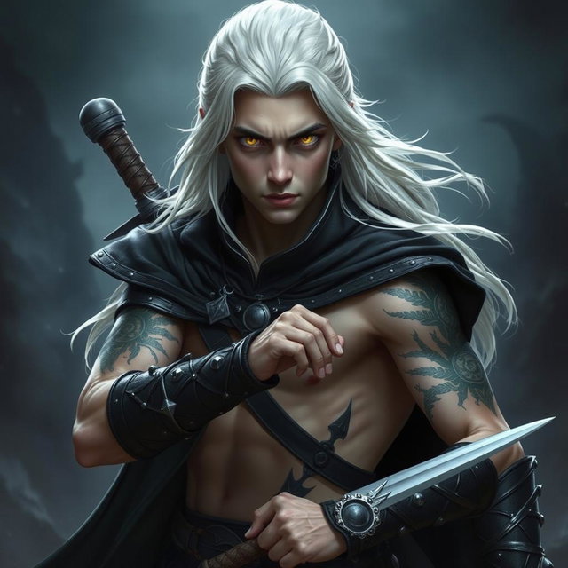 A young adult Shadar-kai warlock poised in a battle stance, emanating seriousness and focus