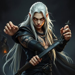 A young adult Shadar-kai warlock poised in a battle stance, emanating seriousness and focus