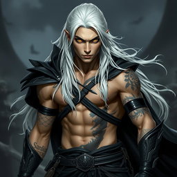 A young adult Shadar-kai warlock in a dynamic battle stance, radiating seriousness and focus