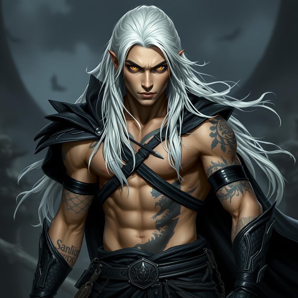 A young adult Shadar-kai warlock in a dynamic battle stance, radiating seriousness and focus