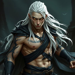 A young adult Shadar-kai warlock in a dynamic battle stance, radiating seriousness and focus