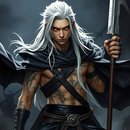 A young adult Shadar-kai warlock in a dynamic battle stance, radiating seriousness and focus