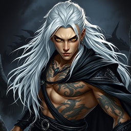 A young adult Shadar-kai warlock in a dynamic battle stance, radiating seriousness and focus