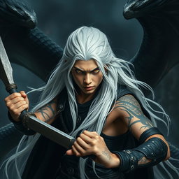 A fierce young adult Shadar-kai warlock captured in a serious battle stance, ready to engage in combat